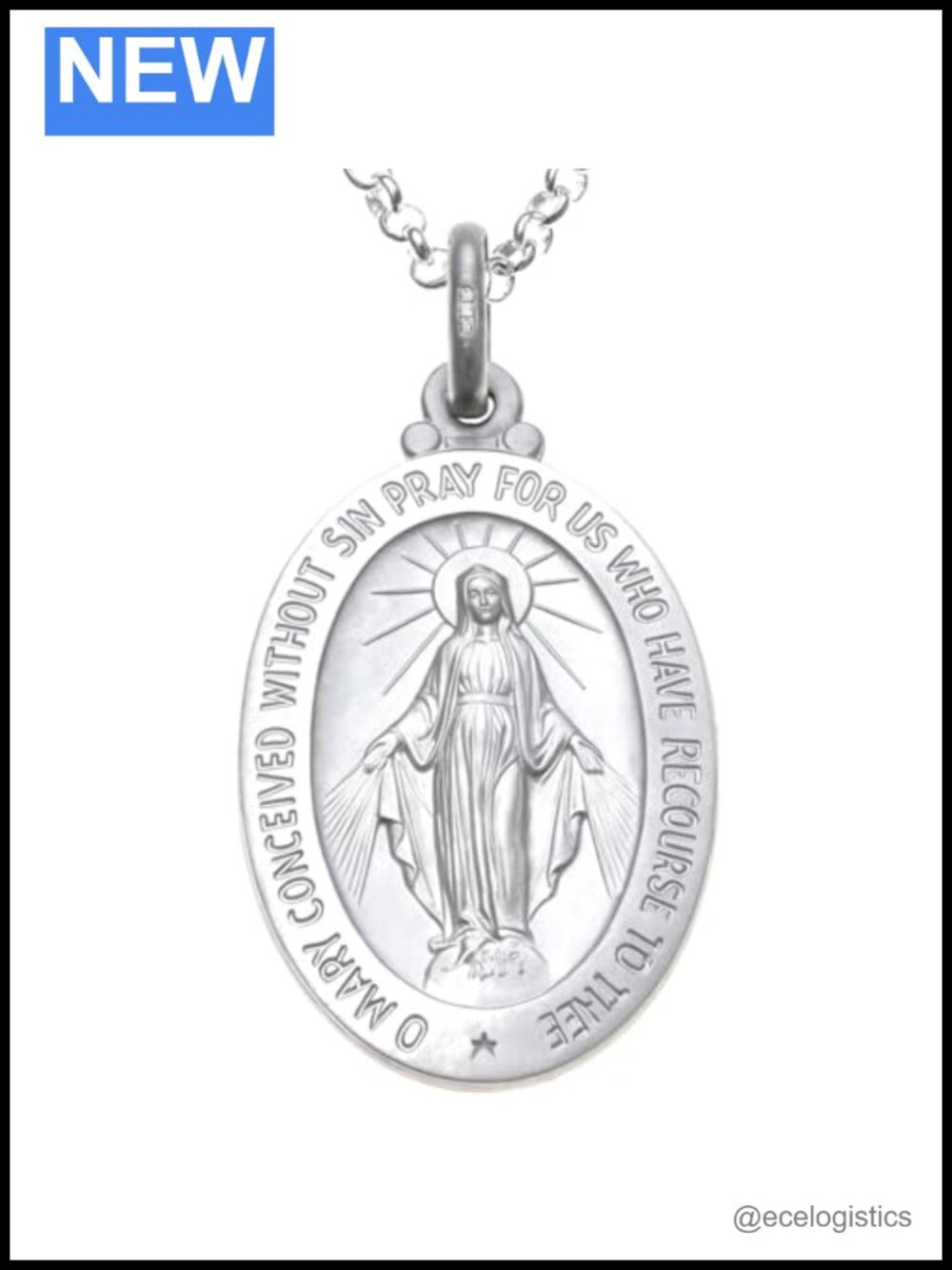 925 Sterling Silver Miraculous Medal Necklace 20" Chain Catholic Pendant